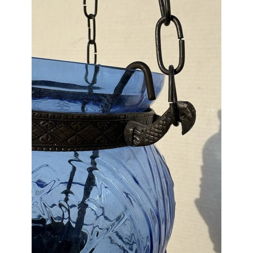 Antique hanging Blue Glass Bell Jar Candle Lantern ~ Pendant Bell